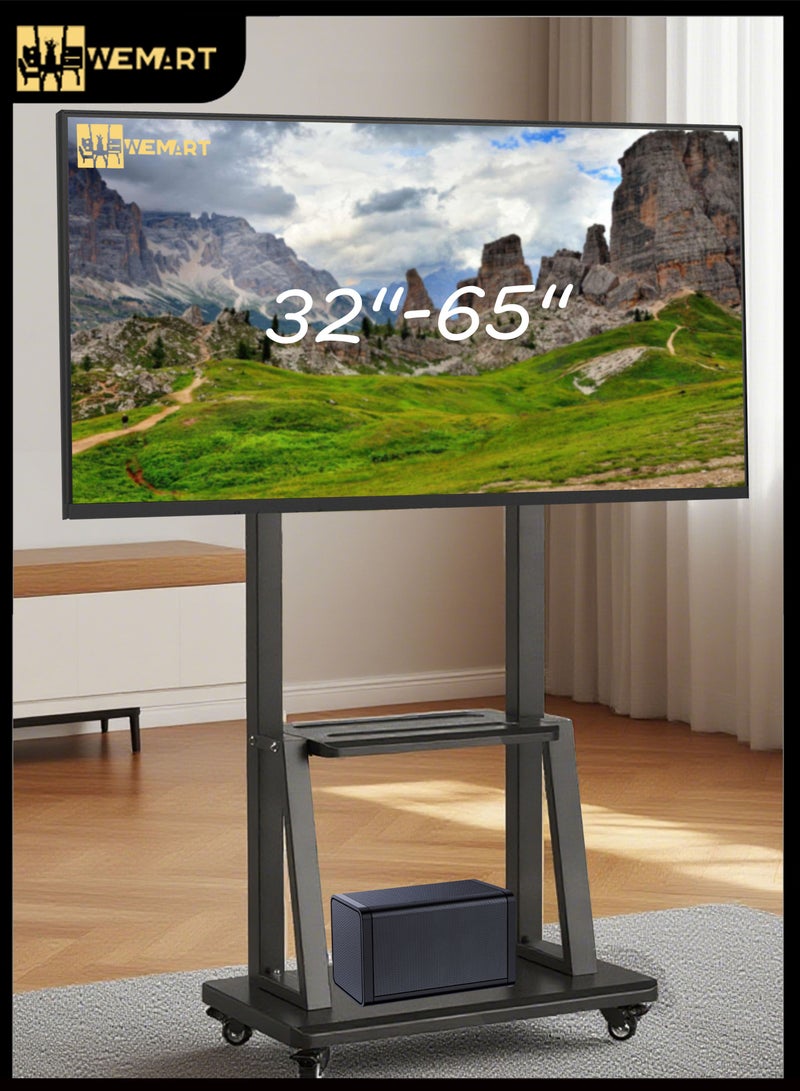 ويمارت حامل تلفزيون متنقل، عربة تلفزيون متدحرجة على عجلات، قاعدة حامل أرضية شديدة التحمل قابلة لضبط الارتفاع لشاشات LCD LED OLED المسطحة مقاس 32-65 بوصة، لوحة ذكية متحركة تتحمل حتى 40 كجم مع رف - Image 1