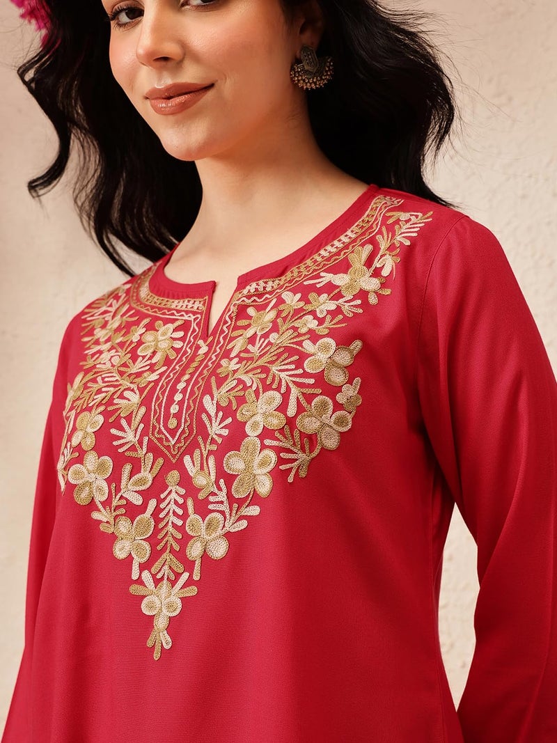 QAZMI Women's Naila Kashmiri Red A-Line Short Kurti_XS - Image 5