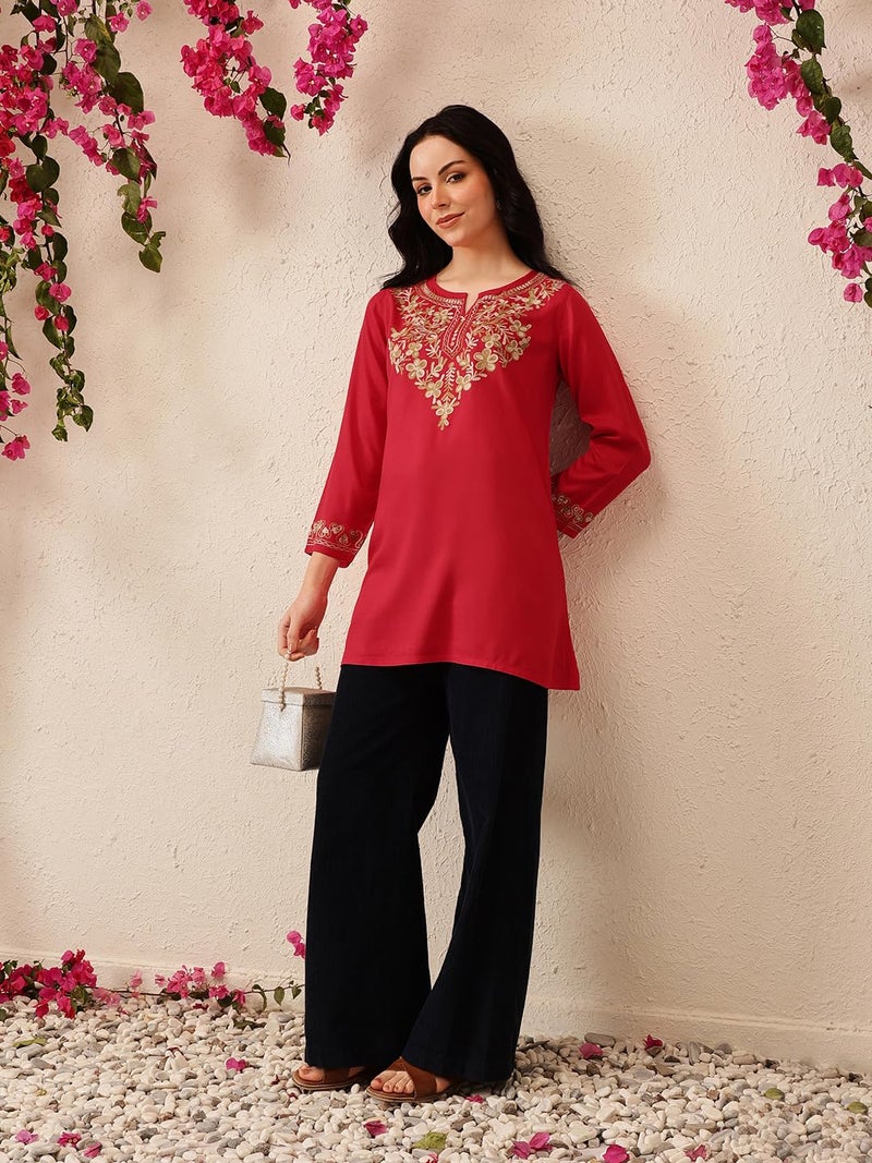 QAZMI Women's Naila Kashmiri Red A-Line Short Kurti_XS - Image 2
