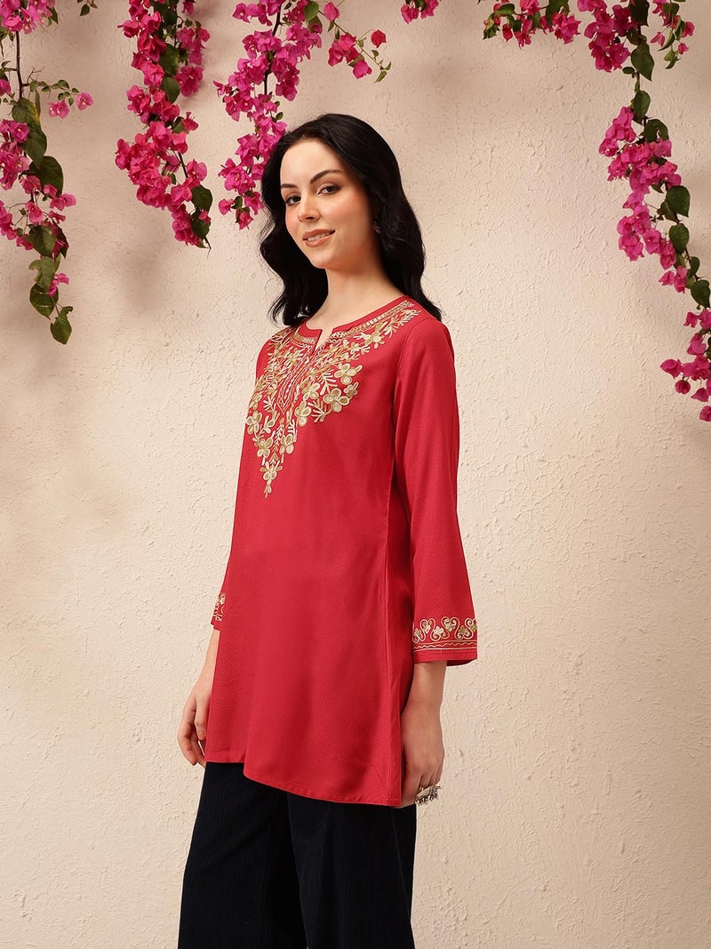 QAZMI Women's Naila Kashmiri Red A-Line Short Kurti_XS - Image 3
