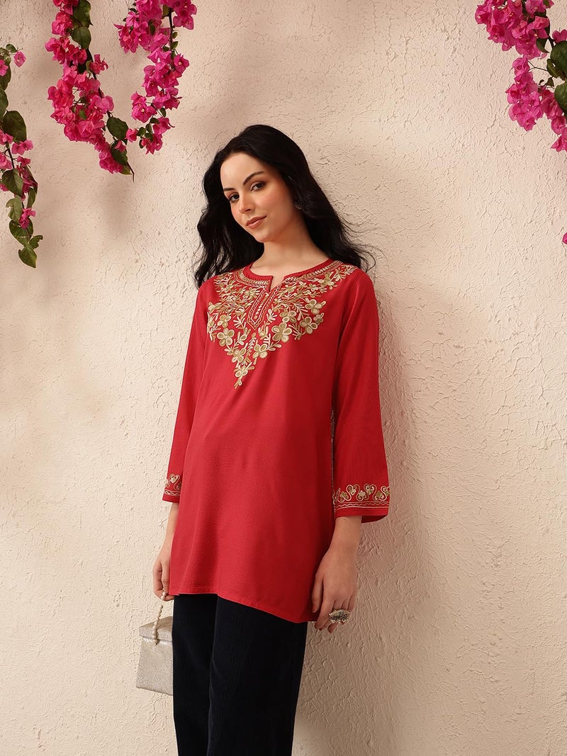 QAZMI Women's Naila Kashmiri Red A-Line Short Kurti_XS - Image 4