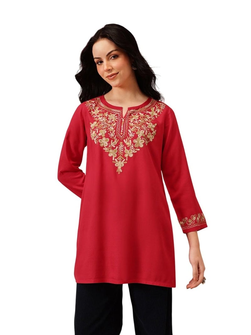 QAZMI Women's Naila Kashmiri Red A-Line Short Kurti_XS - Image 1