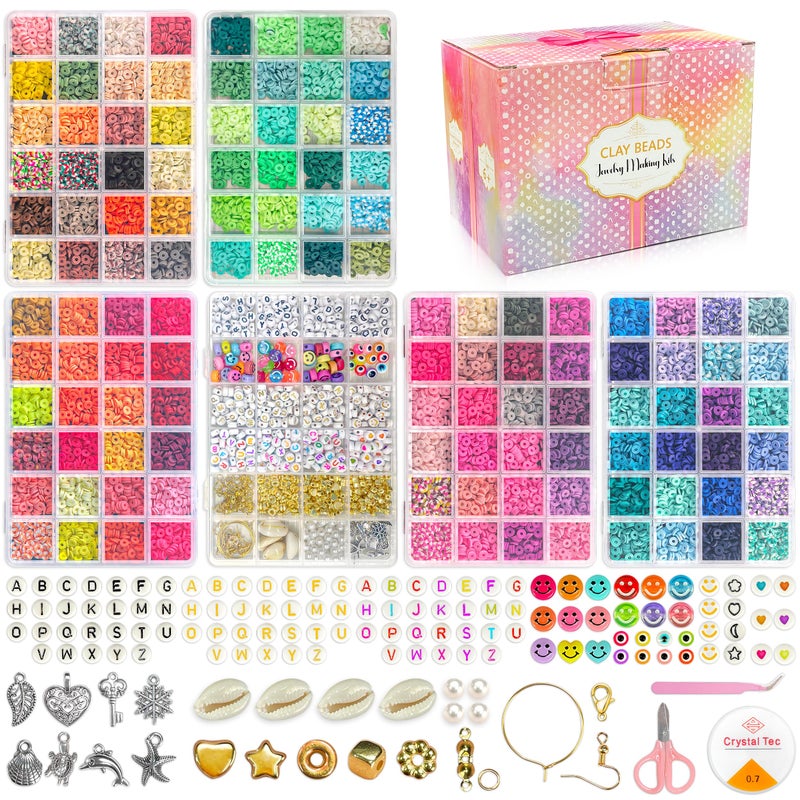 LINAYE 14000 PCS Clay Beads Kit with 120-Colors 6 Boxes Flat Preppy Polymer Heishi Beads with Pendant Charms Crafts Accessories, Friendship Bracelet Making Kit Crafts Supplies Kit Gift for Kids Adults - Image 1
