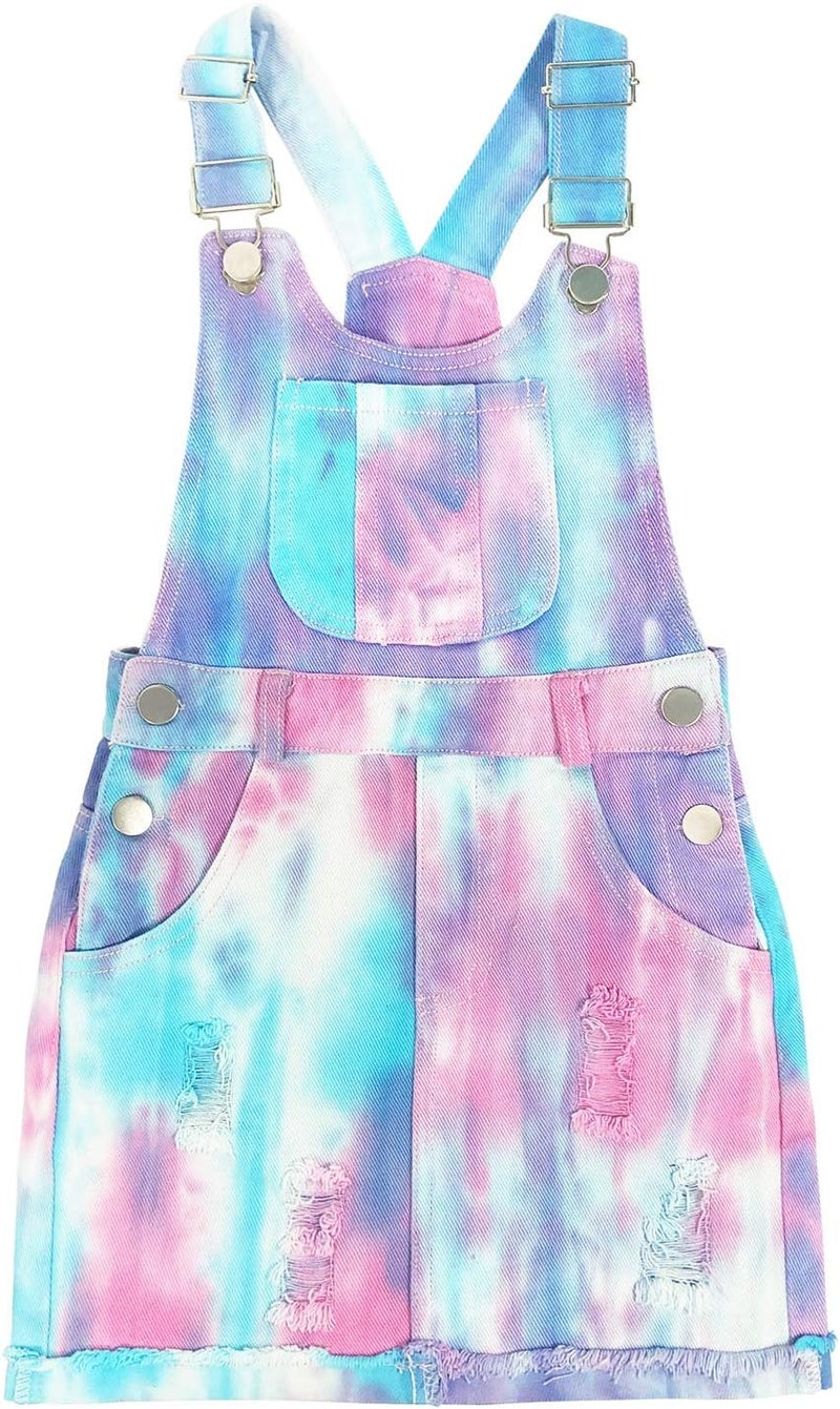 Peacolate 4-11T Little Girl Tie-dyed Short Overalls Vintage Dress Distressed Romper - Image 1