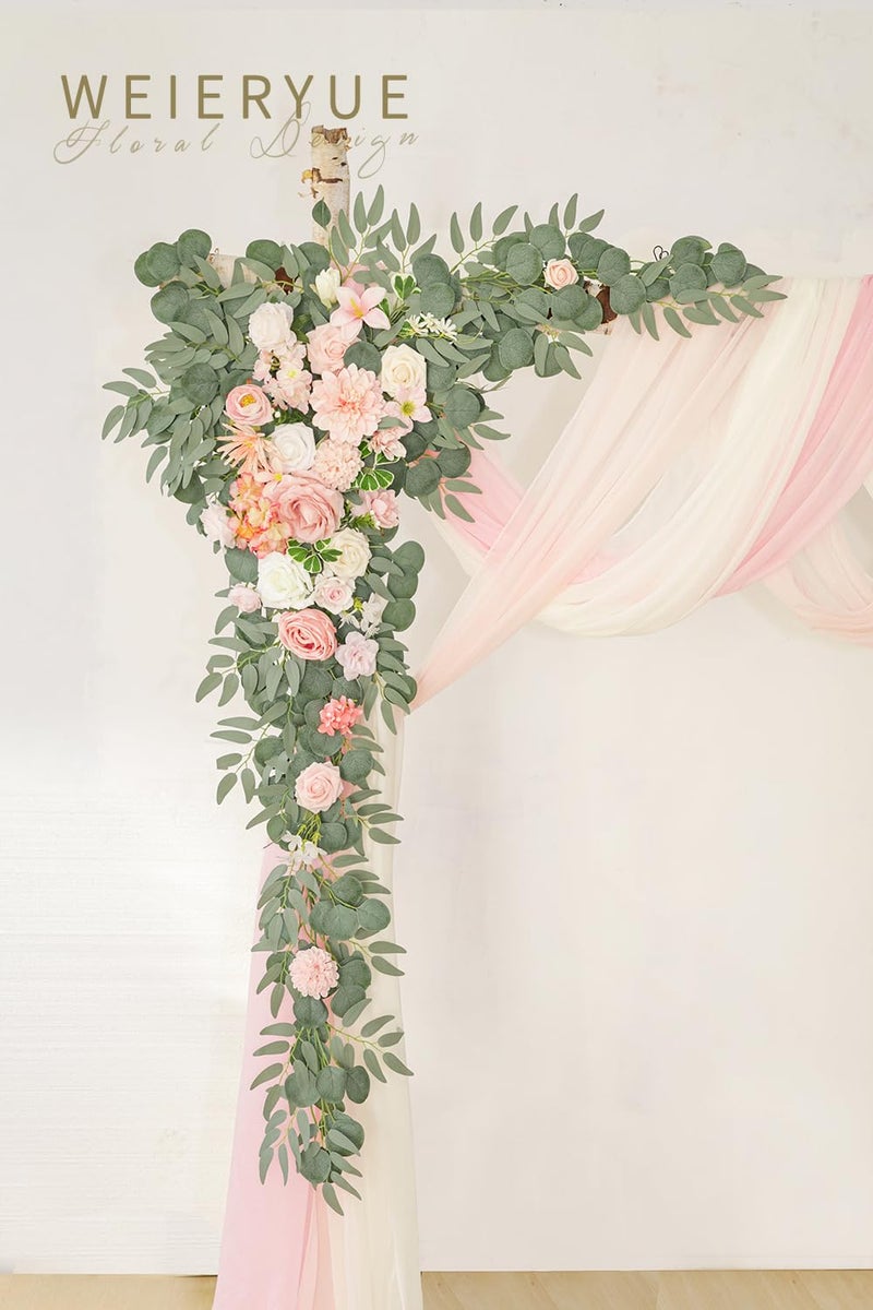WEIERYUE Deluxe Pink Artificial Wedding Arch Flowers with Drapes Kit-Pack of 5, 2pcs Flower Arrangements 3pcs Hanging Sheer Drapes Blue Ceremony Arbor Reception Backdrop Rose Floral Decorations. - Image 3