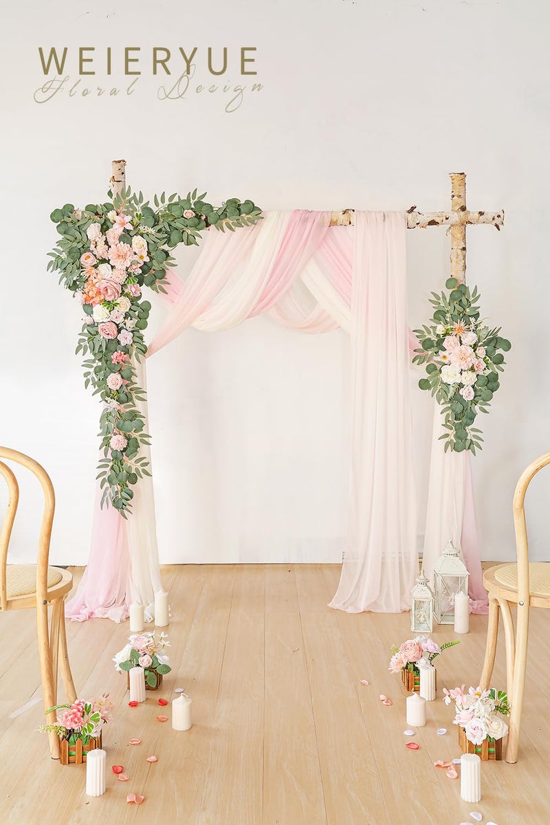 WEIERYUE Deluxe Pink Artificial Wedding Arch Flowers with Drapes Kit-Pack of 5, 2pcs Flower Arrangements 3pcs Hanging Sheer Drapes Blue Ceremony Arbor Reception Backdrop Rose Floral Decorations. - Image 2