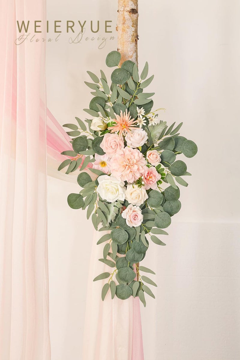 WEIERYUE Deluxe Pink Artificial Wedding Arch Flowers with Drapes Kit-Pack of 5, 2pcs Flower Arrangements 3pcs Hanging Sheer Drapes Blue Ceremony Arbor Reception Backdrop Rose Floral Decorations. - Image 4