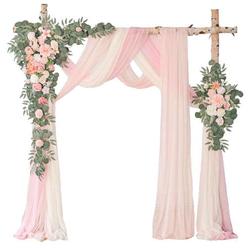 WEIERYUE Deluxe Pink Artificial Wedding Arch Flowers with Drapes Kit-Pack of 5, 2pcs Flower Arrangements 3pcs Hanging Sheer Drapes Blue Ceremony Arbor Reception Backdrop Rose Floral Decorations. - Image 1