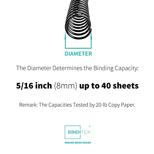 Binditek 100 Pack Plastic Spiral Binding Coils, 8mm(5/16"), 40 Sheet Capacity, 4:1 Pitch, Black, 48Loops, for Letter Size, for Students and Coworkers - Image 2