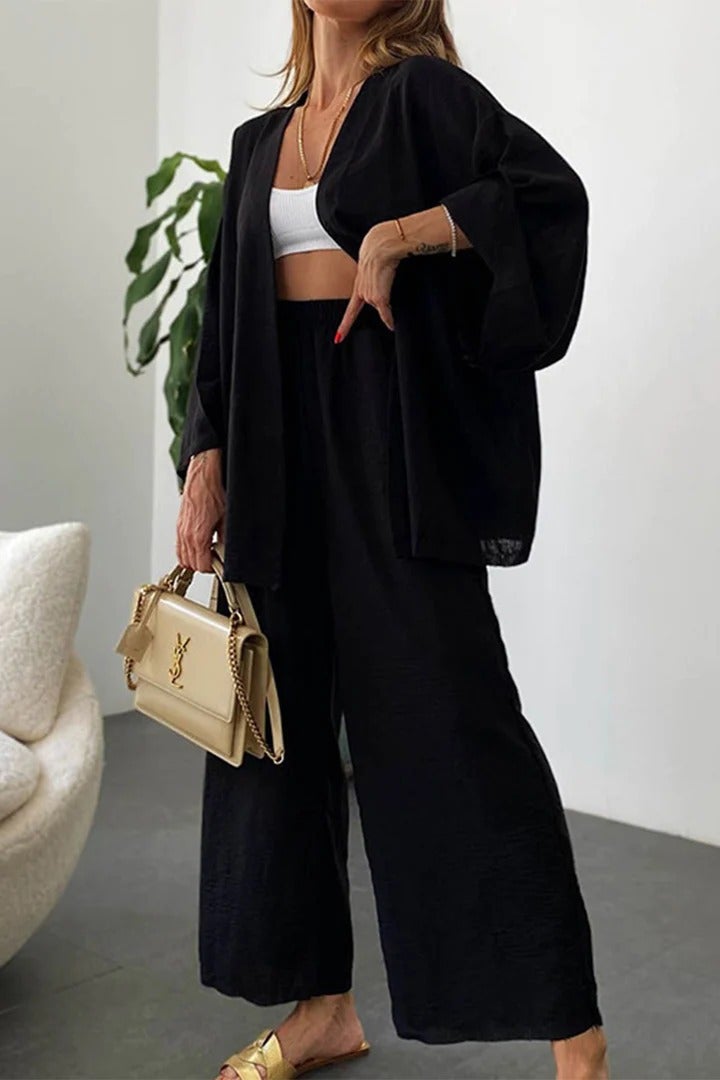 2024 Europe and the United States cross-border Amazon new cotton and linen suit cardigan long sleeve jacket pocket wide leg pants two-piece set Black - Image 1