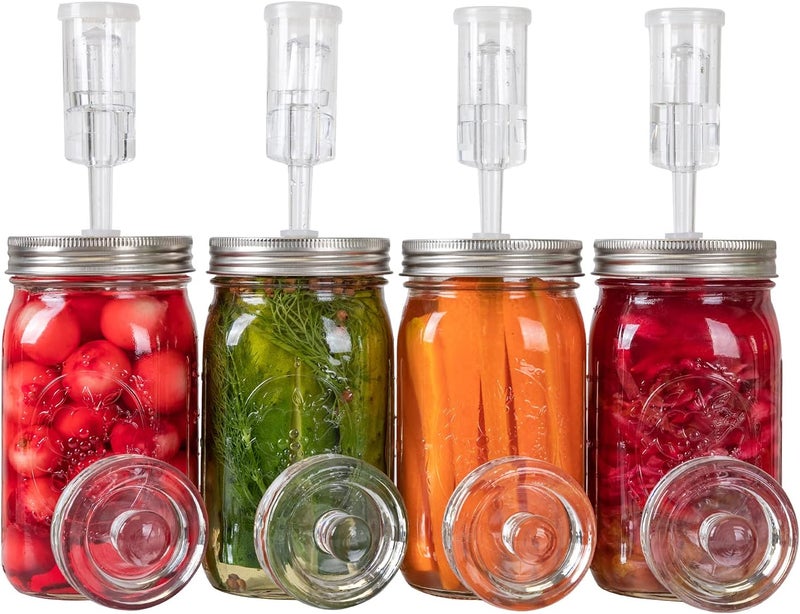 JILLMO Fermentation Kit for Wide Mouth Mason Jars – 4 Pack Fermentation Lids with Airlocks and Glass Weights, Easy Fermenting Set (Jars Not Included) - Image 1