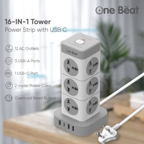 One Beat Tower Extension Boards with USB Port with Universal Sockets and Charging Ports with Indicatori Plug Socket (12 Socket + 3 USB + 1 Type C), 250 Volts, White - Image 5