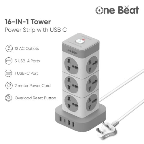 One Beat Tower Extension Boards with USB Port with Universal Sockets and Charging Ports with Indicatori Plug Socket (12 Socket + 3 USB + 1 Type C), 250 Volts, White - Image 2