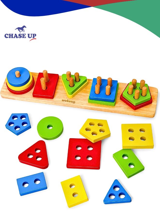 Chase Up Montessori Toys for 1 to 3-Year-Old Boys Girls Toddlers, Wooden Sorting & Stacking Toys for Toddlers and Kids Preschool, Educational Toys, Color Recognition Stacker Shape Sorter, Learning Puzzles Gift - Image 1