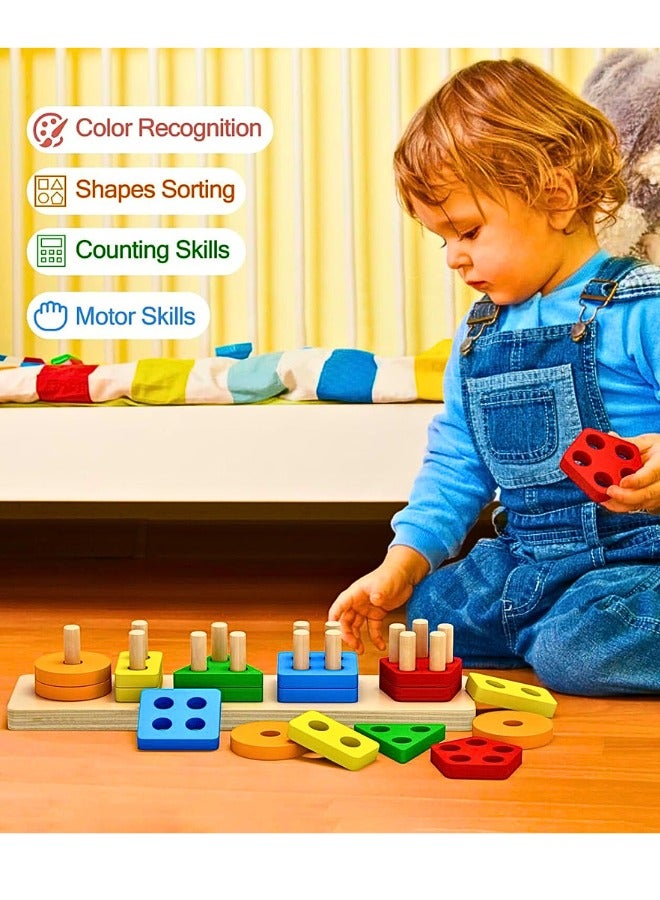 Chase Up Montessori Toys for 1 to 3-Year-Old Boys Girls Toddlers, Wooden Sorting & Stacking Toys for Toddlers and Kids Preschool, Educational Toys, Color Recognition Stacker Shape Sorter, Learning Puzzles Gift - Image 2