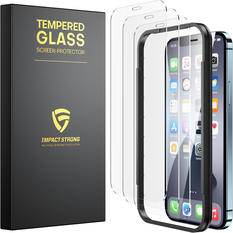 ImpactStrong 3-Pack Shatterproof Tempered Glass Screen Protector for iPhone 12 Pro Max [Easy Installation Frame] [Bubble Free] [9H Hardness] [Full Coverage] Case Friendly, 6.7 Inch - Image 1