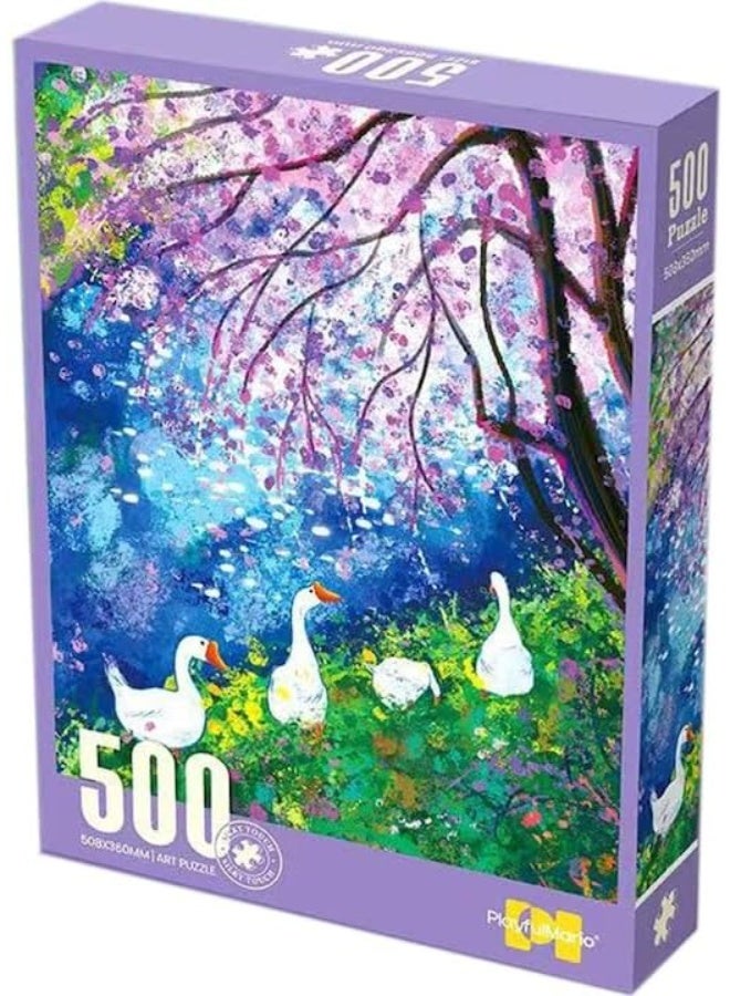 Generic 500-piece art puzzle, ducks under a cherry tree, bright colors - Image 1