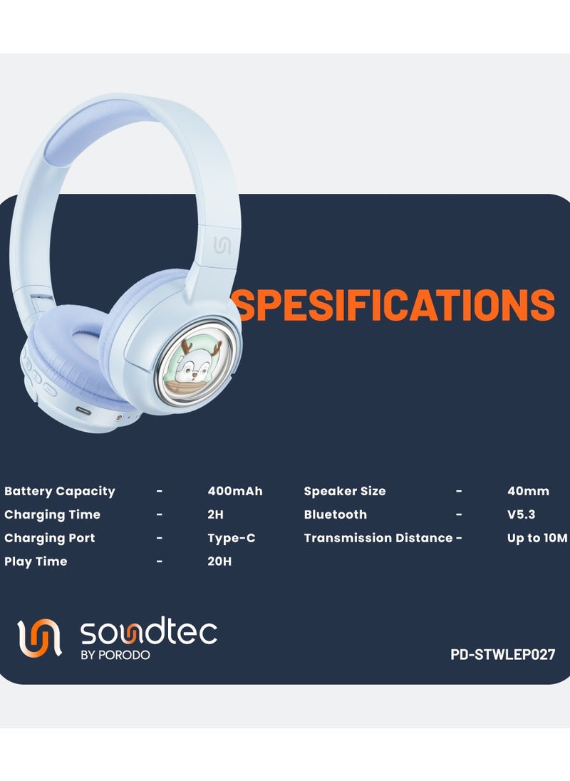 porodo - Moose Wireless Kids Headphone, Child-Friendly Controls, LED Lights, 20H Play Time, V5.3 Bluetooth, 400mAh Battery, Up To 10m Transmission Distance, 85dB Safe Sound - Blue - Image 1