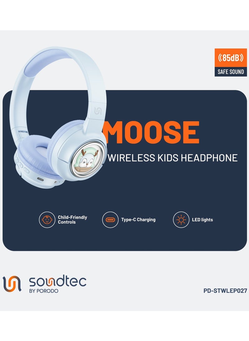 porodo - Moose Wireless Kids Headphone, Child-Friendly Controls, LED Lights, 20H Play Time, V5.3 Bluetooth, 400mAh Battery, Up To 10m Transmission Distance, 85dB Safe Sound - Blue - Image 1