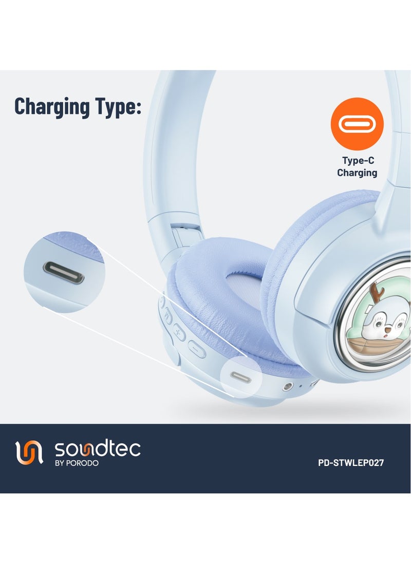 porodo - Moose Wireless Kids Headphone, Child-Friendly Controls, LED Lights, 20H Play Time, V5.3 Bluetooth, 400mAh Battery, Up To 10m Transmission Distance, 85dB Safe Sound - Blue - Image 1