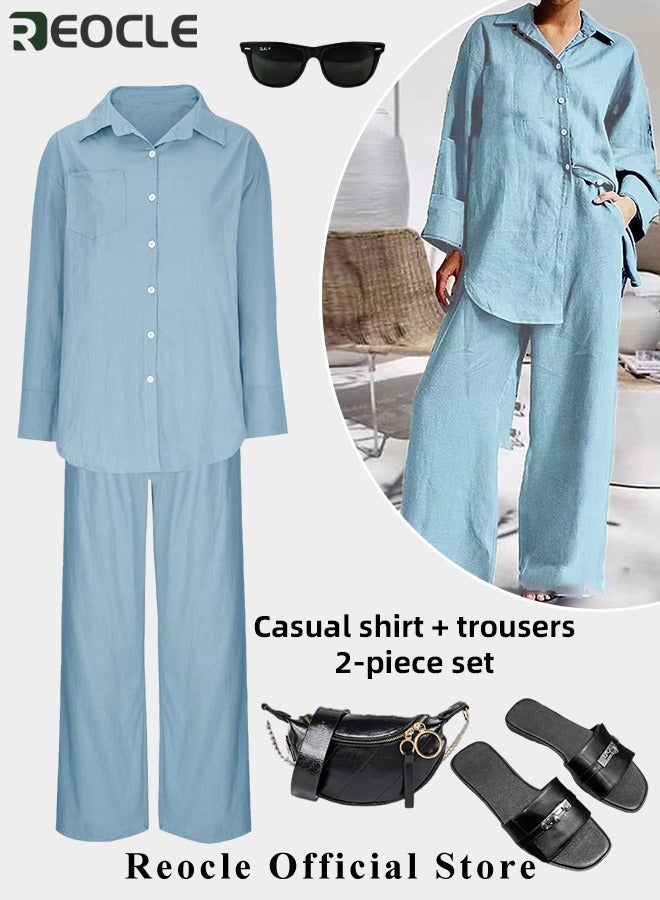 ريوكل طقم ملابس نسائي مكون من قطعتين، قميص بأكمام قصيرة، بنطلون فضفاض، طقم ملابس مكون من قطعتين، طقم صالة، ملابس سفر وإجازة عصرية، ملابس رياضية - Image 2