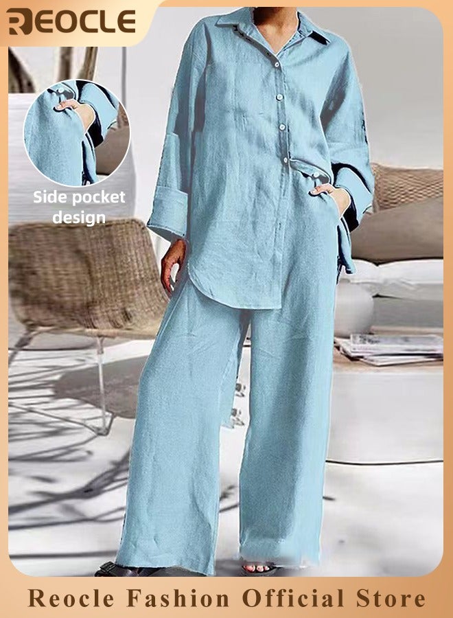 ريوكل طقم ملابس نسائي مكون من قطعتين، قميص بأكمام قصيرة، بنطلون فضفاض، طقم ملابس مكون من قطعتين، طقم صالة، ملابس سفر وإجازة عصرية، ملابس رياضية - Image 1