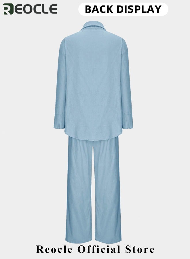 ريوكل طقم ملابس نسائي مكون من قطعتين، قميص بأكمام قصيرة، بنطلون فضفاض، طقم ملابس مكون من قطعتين، طقم صالة، ملابس سفر وإجازة عصرية، ملابس رياضية - Image 3