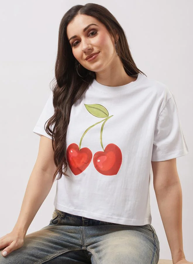 globus White Graphic Print Oversized Crop T-Shirt