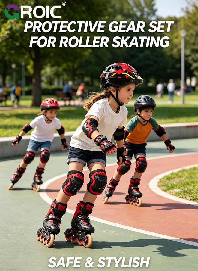 GROIC Kids Protective Gear Adjustable Protective Helmet,Kids Helmet Knee Elbow Pads Wrist Guard Sport Protective Gear Adjustable Scooter Skateboard Roller Bike Skate Cycling Safety Set(Red) - Image 4