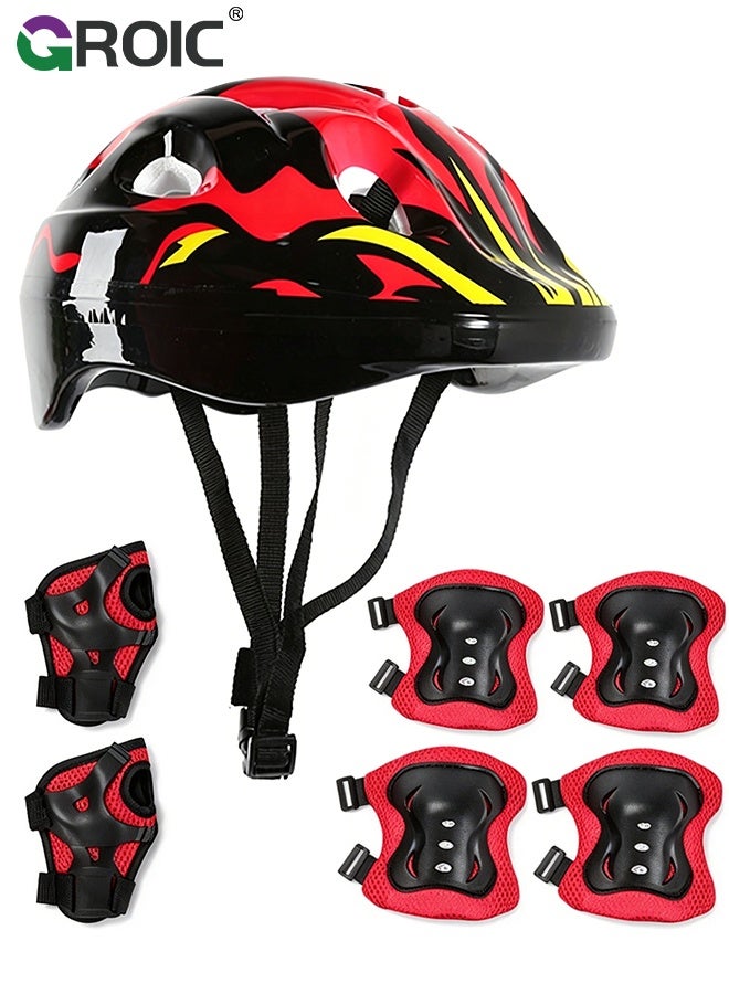 GROIC Kids Protective Gear Adjustable Protective Helmet,Kids Helmet Knee Elbow Pads Wrist Guard Sport Protective Gear Adjustable Scooter Skateboard Roller Bike Skate Cycling Safety Set(Red) - Image 1