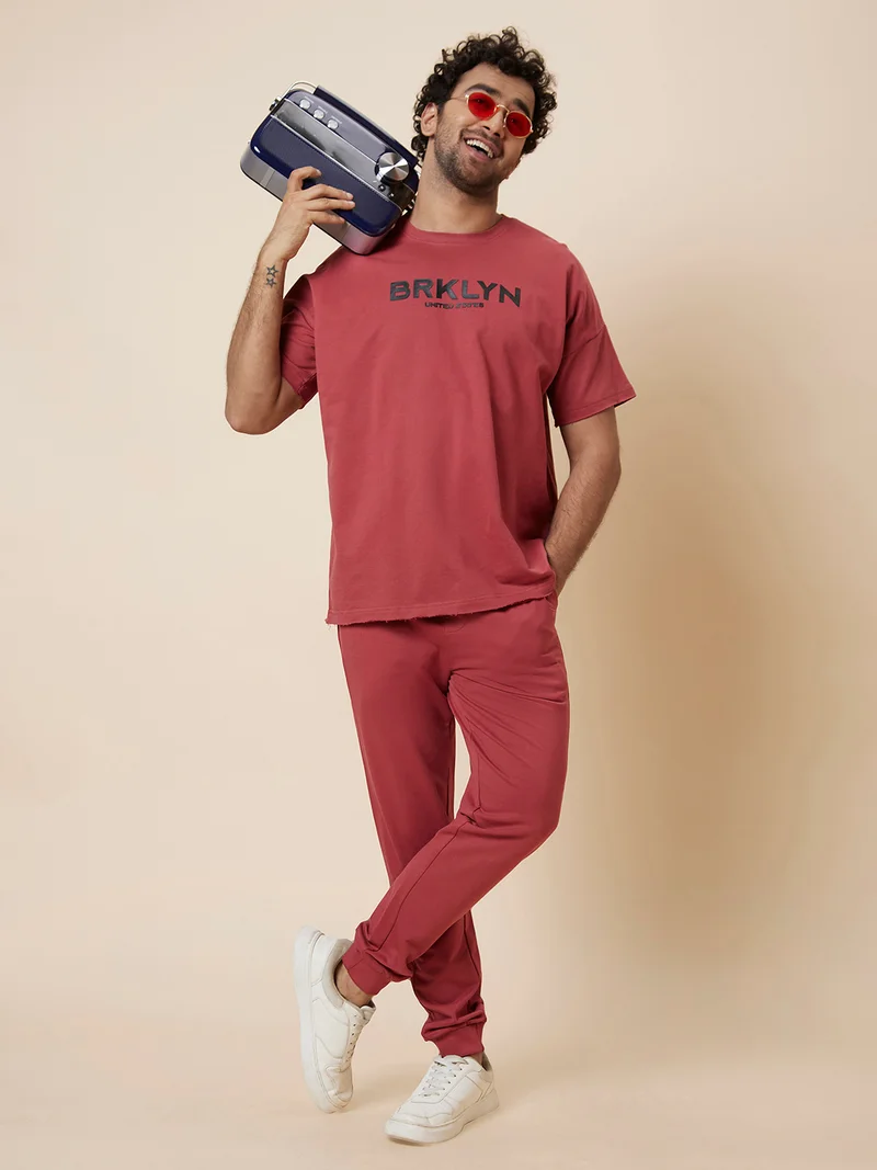 Globus Men Rust Sports Co-Ords Set with Printed T-shirt and Joggers