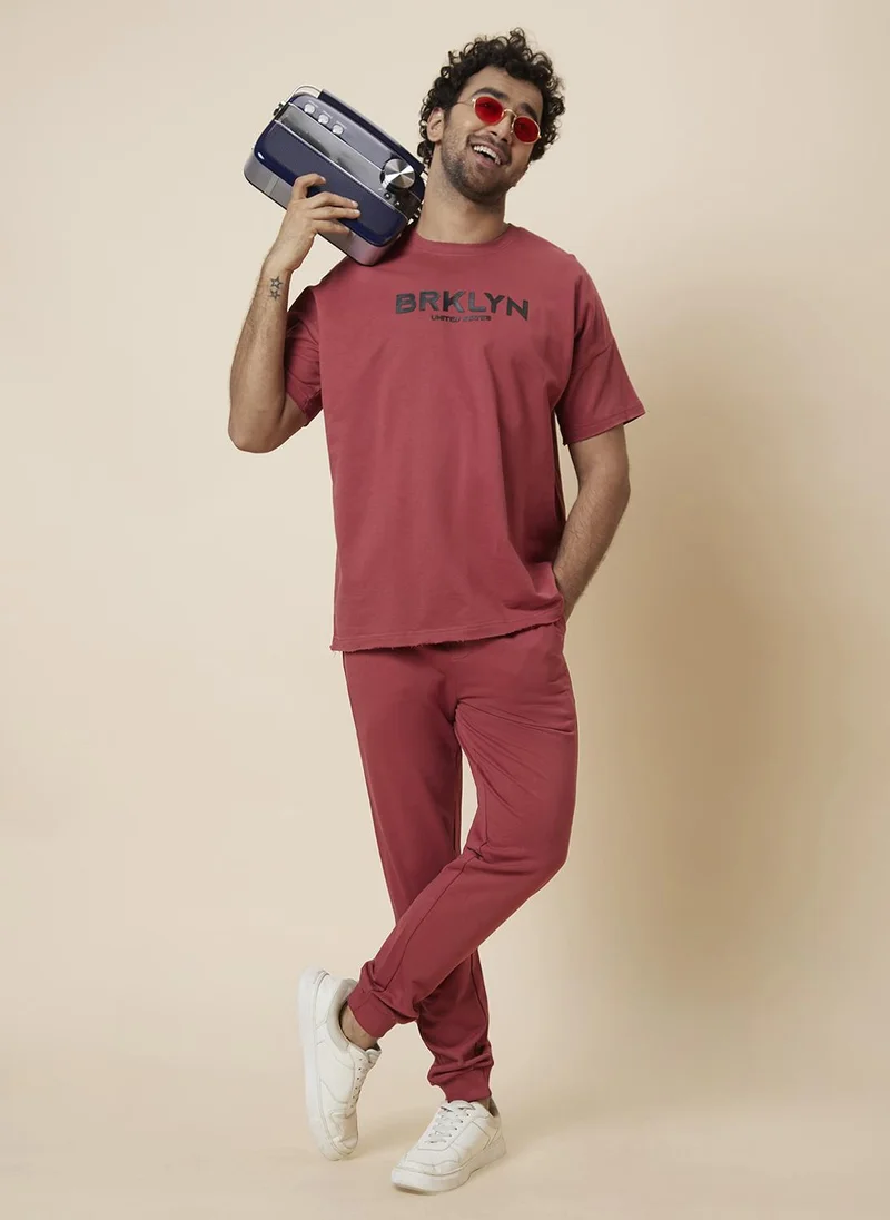 Globus Men Rust Sports Co-Ords Set with Printed T-shirt and Joggers