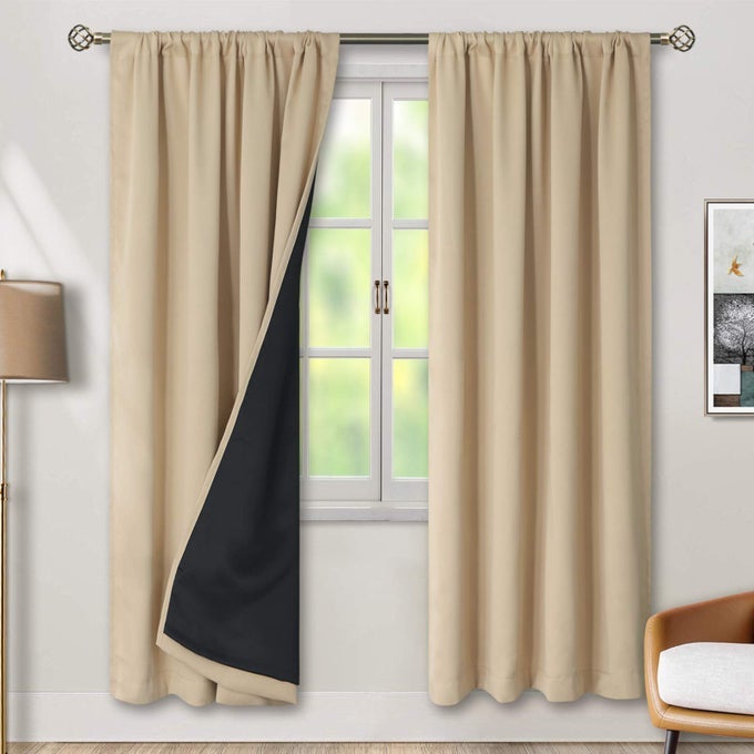 THERMAL INSULATED 100 BLACKOUT CURTAINS FOR BEDROOM WITH BLACK LINER DOUBLE LAYER FULL ROOM DARKENING NOISE REDUCING ROD POCKET CURTAIN 52 X 72 INCH BEIGE 2 PANELS
