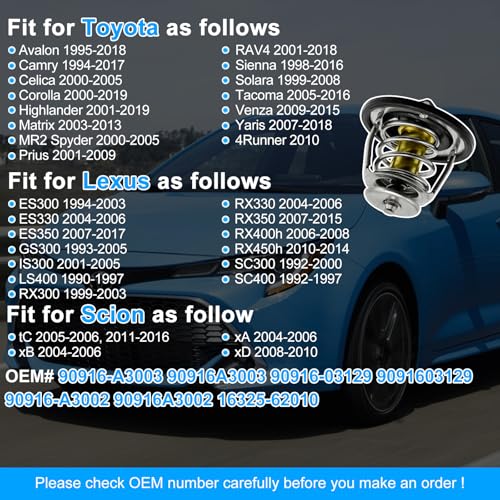Hsbhlsnx Engine Thermostat for Toyota Avalon Camry Celica Corolla Highlander Matrix Prius RAV 4 Sienna Solara Tacoma Venza Yaris Lexus ES300 330 350 GS300 IS300 90916-A3003 90916-03129 90916-A3002 - Image 2