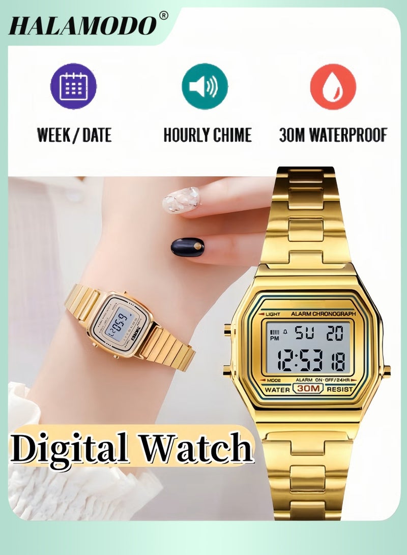 هالامودو ساعة رياضية رقمية إلكترونية مربعة LED للرجال والنساء متعددة الوظائف ومقاومة للماء ومنبه يومي باللون الذهبي وساعة توقيت مقاومة للماء - Image 1