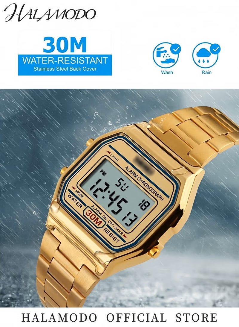 هالامودو ساعة رياضية رقمية إلكترونية مربعة LED للرجال والنساء متعددة الوظائف ومقاومة للماء ومنبه يومي باللون الذهبي وساعة توقيت مقاومة للماء - Image 2