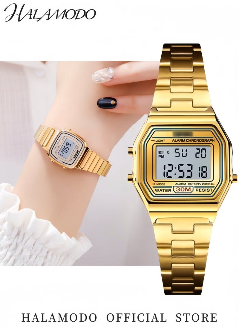 هالامودو ساعة رياضية رقمية إلكترونية مربعة LED للرجال والنساء متعددة الوظائف ومقاومة للماء ومنبه يومي باللون الذهبي وساعة توقيت مقاومة للماء - Image 4