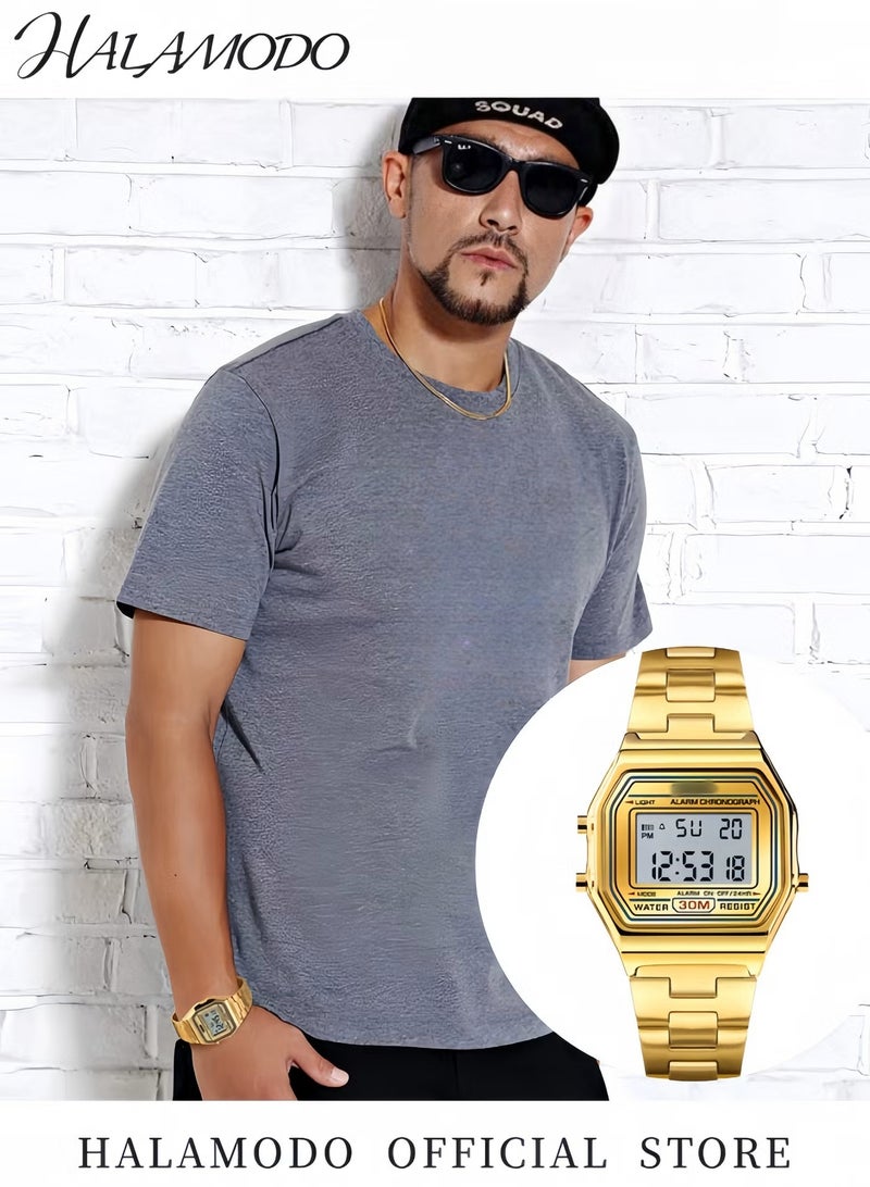 هالامودو ساعة رياضية رقمية إلكترونية مربعة LED للرجال والنساء متعددة الوظائف ومقاومة للماء ومنبه يومي باللون الذهبي وساعة توقيت مقاومة للماء - Image 5