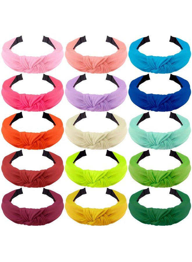 SIQUK 15 Pieces Top Knot Headbands for Women in 15 Colors, Cross Knot Headband, Wide Cloth Knot Headbands - Image 1