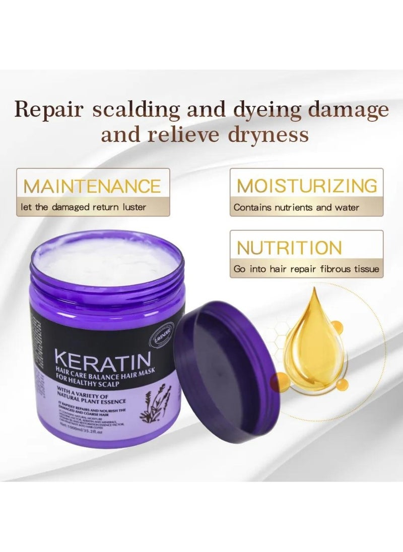 KERATIN - 1000ml Keratin Hair Care Balance Hair Mask Rapidly Repairs and Nourish Damaged and Coarse Hair Natural Moisturizer Hydrating Smoothing Shining Strengthening Keratin Hair Mask Lavender - Image 1