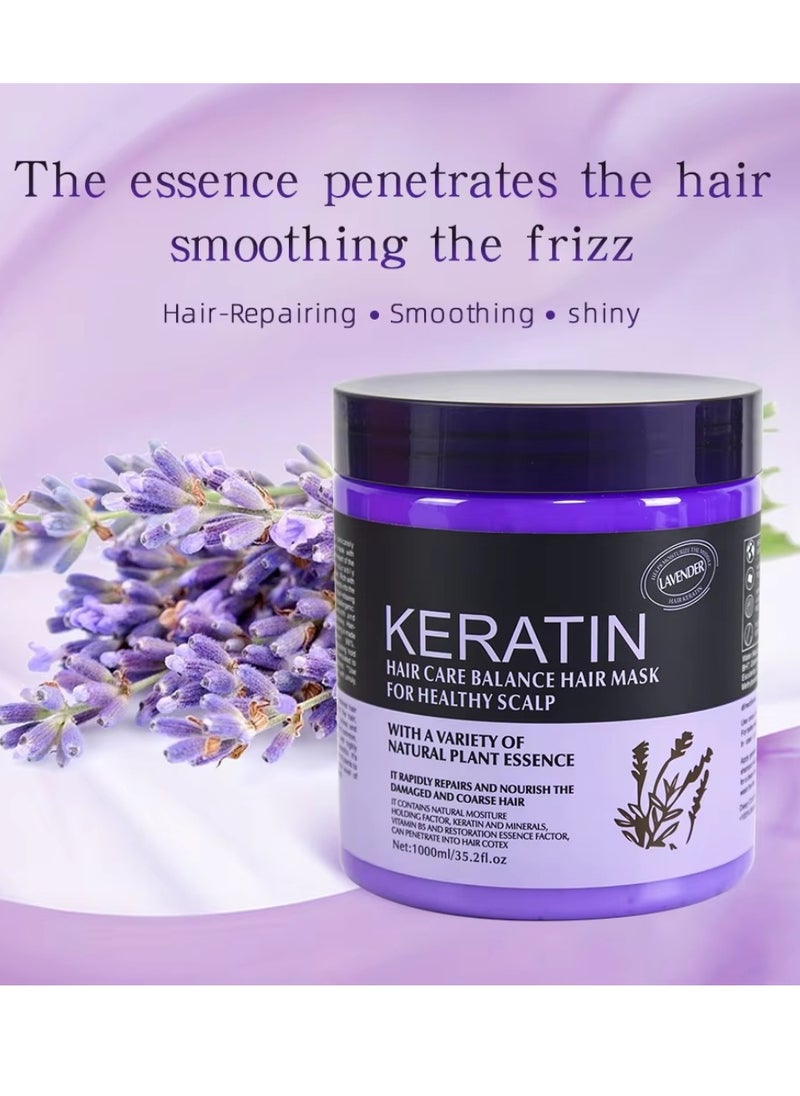 KERATIN - 1000ml Keratin Hair Care Balance Hair Mask Rapidly Repairs and Nourish Damaged and Coarse Hair Natural Moisturizer Hydrating Smoothing Shining Strengthening Keratin Hair Mask Lavender - Image 1