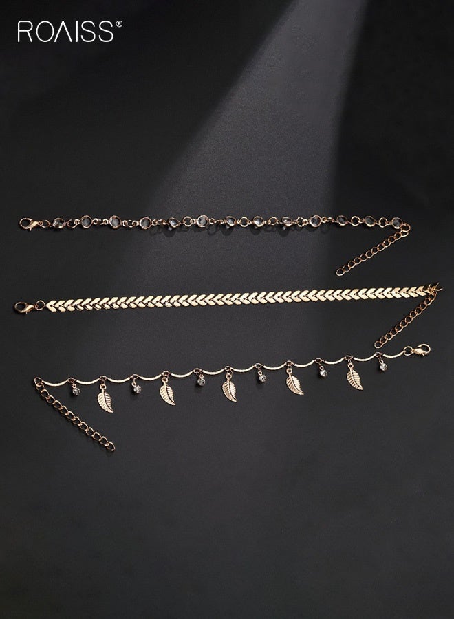 رويس خلخال نسائي، خلخال صيفي جديد للشاطئ للنساء، طقم مجوهرات للكاحل بثلاث طبقات مزين بشراشيب على شكل أوراق شجر، إكسسوارات مجوهرات عتيقة من الزركون للسيدات - Image 4