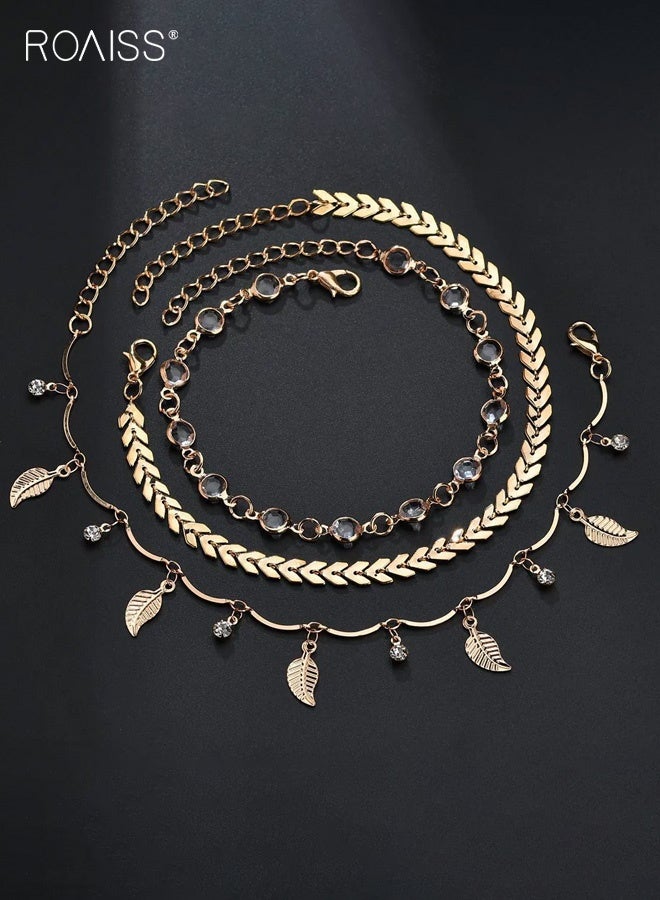 رويس خلخال نسائي، خلخال صيفي جديد للشاطئ للنساء، طقم مجوهرات للكاحل بثلاث طبقات مزين بشراشيب على شكل أوراق شجر، إكسسوارات مجوهرات عتيقة من الزركون للسيدات - Image 1