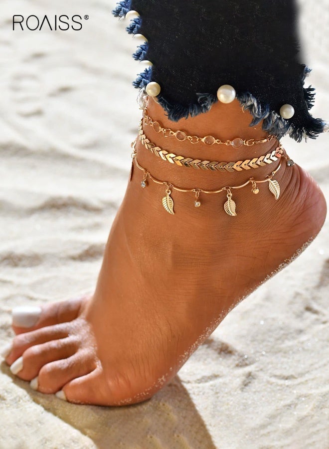 رويس خلخال نسائي، خلخال صيفي جديد للشاطئ للنساء، طقم مجوهرات للكاحل بثلاث طبقات مزين بشراشيب على شكل أوراق شجر، إكسسوارات مجوهرات عتيقة من الزركون للسيدات - Image 2