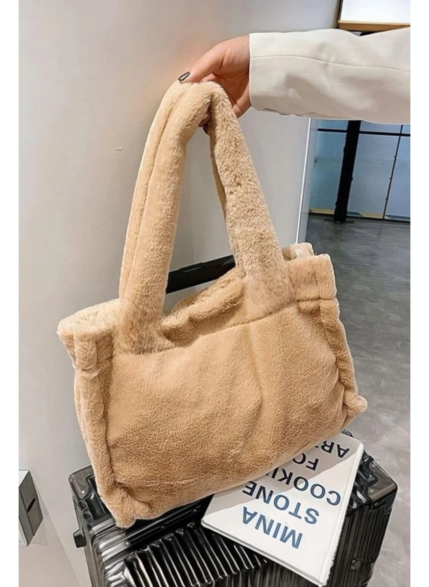 باهلس Plush Camel Soft Textured Tote Shoulder Bag