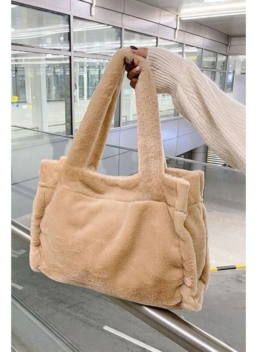 باهلس Plush Camel Soft Textured Tote Shoulder Bag