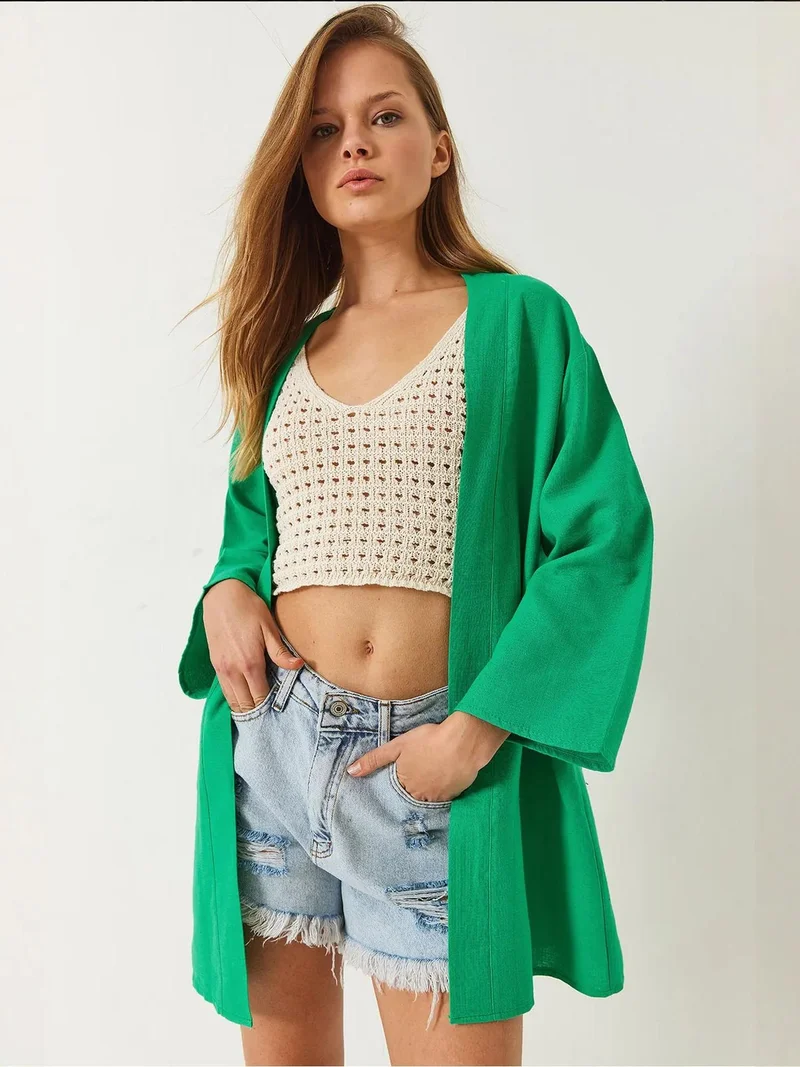 Bianco Lucci Green LUCCI Viscose Linen Blend Kimono for Women | Best Price UAE