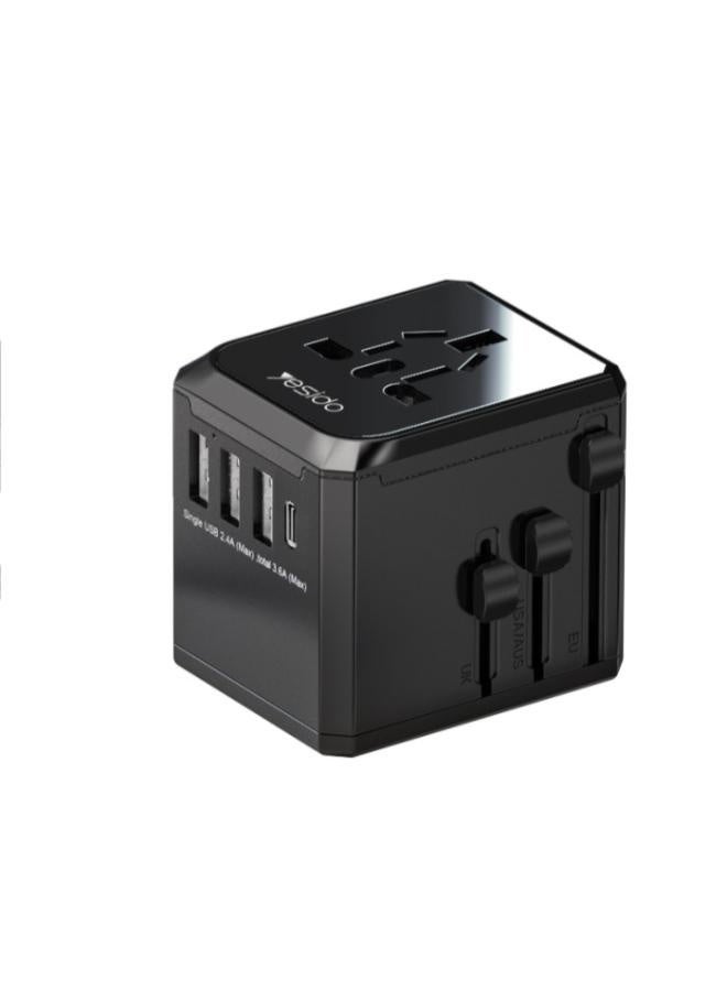 يسيدو محول وفيشة سفر عالمية شاحن متعدد المنافذ يسيدو 3 منافذ USB ومنفذ تايب سي ومقبس رئيسي - أسود (قطعة واحدة) - Image 1