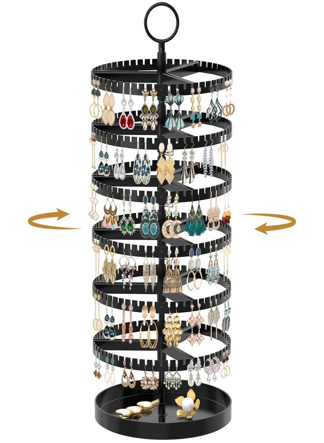 MODOWEY Rotating Earring Holder Organizer Display Tree with Metal Tray, 6 Tier Adjustable Plastic Stand with 342 Slots for Stud Hoop Hanger, Large Capacity Storage Rack for Women Space-Saving(Black) - Image 1
