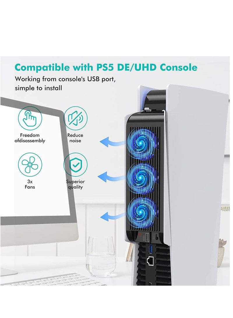 إسكدنيا مروحة تبريد PS5 مع اضاءة LED، مروحة تبريد هادئة مطورة مع 3 مراوح ومنفذ USB لوحدة تحكم بلاي ستيشن 5 الاصدار الرقمي / وحدة تحكم الترا اتش دي (ابيض) - Image 2